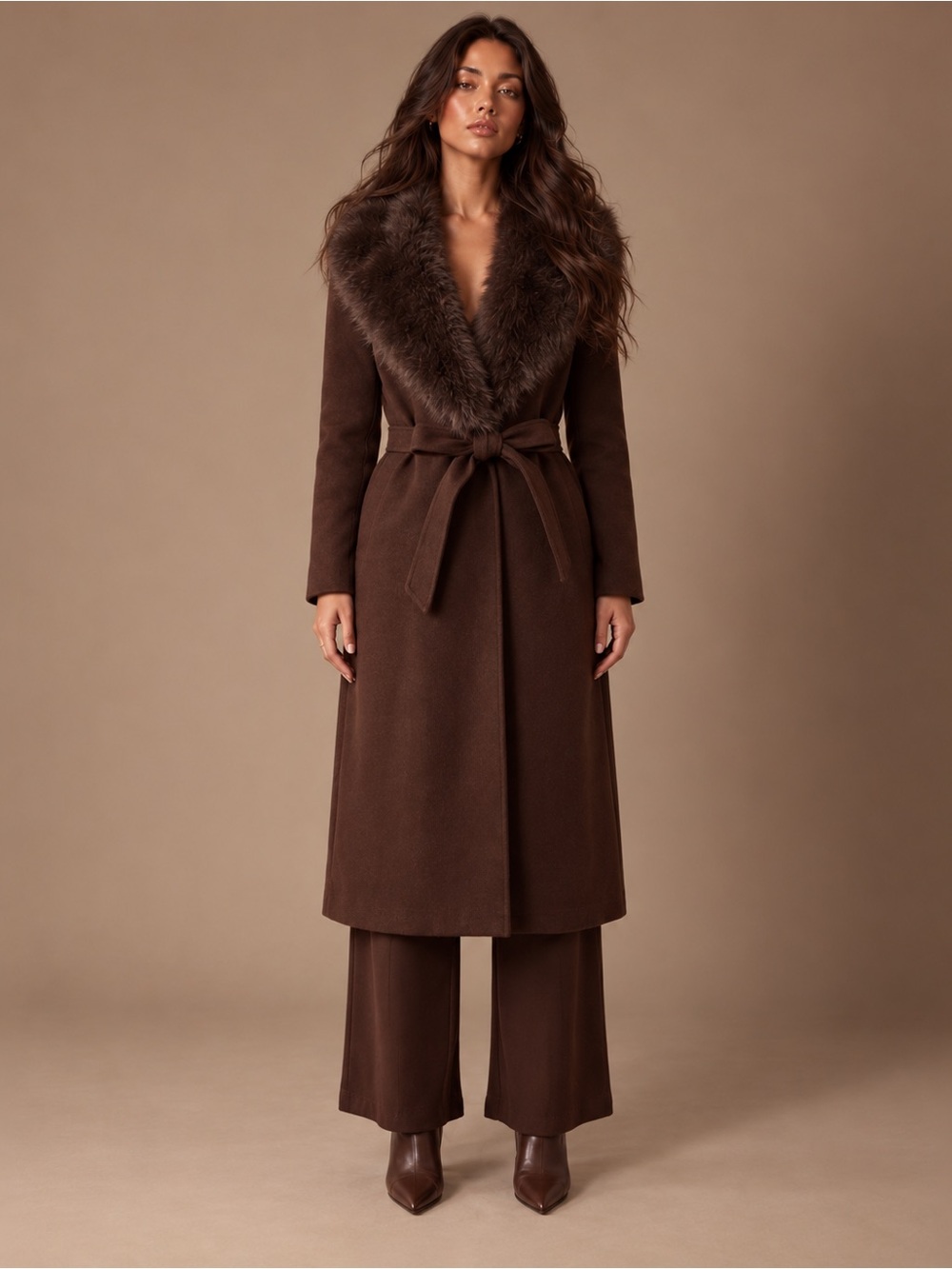 Women's Brown Faux-Fur Collar Wrap Coat